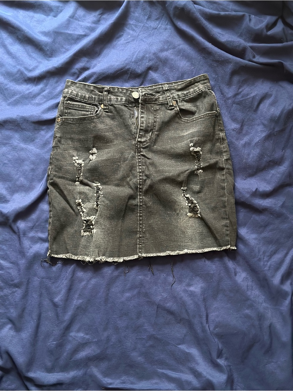 Distressed Black Denim Mini Skirt -